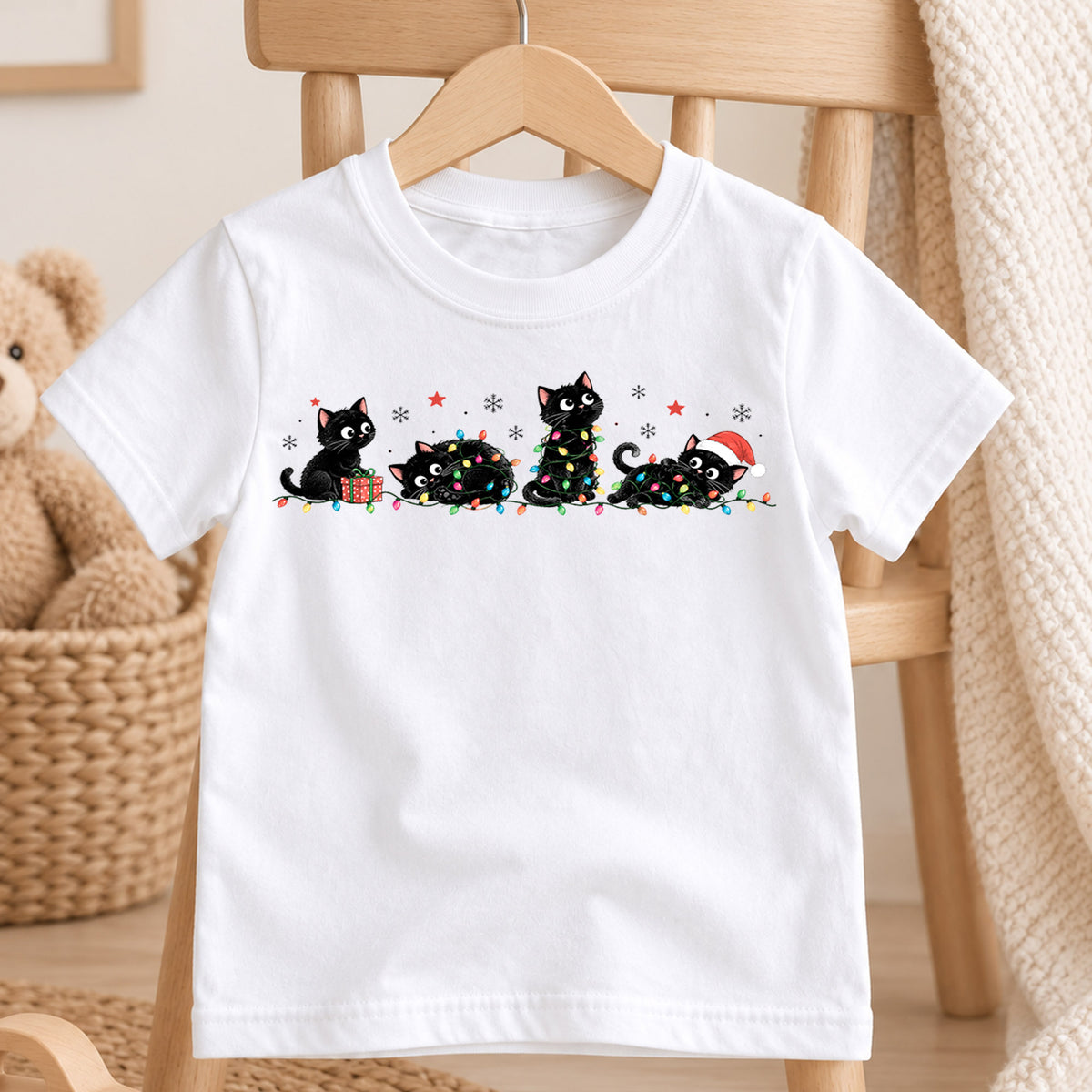 Black Cat Christmas Kids Shirt, Christmas Lights Cat Tee, Funny Holiday Kitty Shirt for Cat Lovers, Cute Festive Christmas Outfit and Gift — product view 4