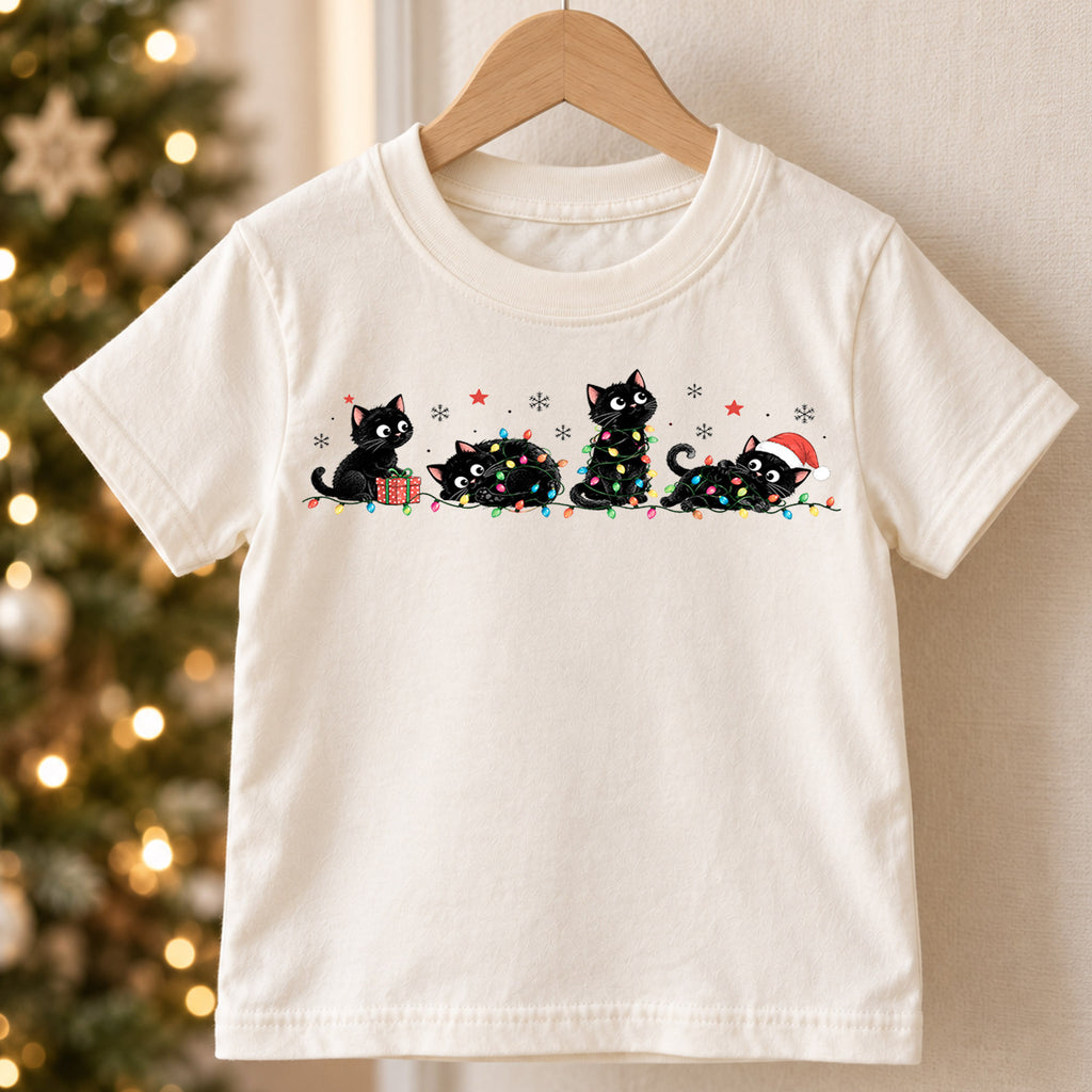 Black Cat Christmas Kids Shirt, Christmas Lights Cat Tee, Funny Holiday Kitty Shirt for Cat Lovers, Cute Festive Christmas Outfit and Gift — product view 5