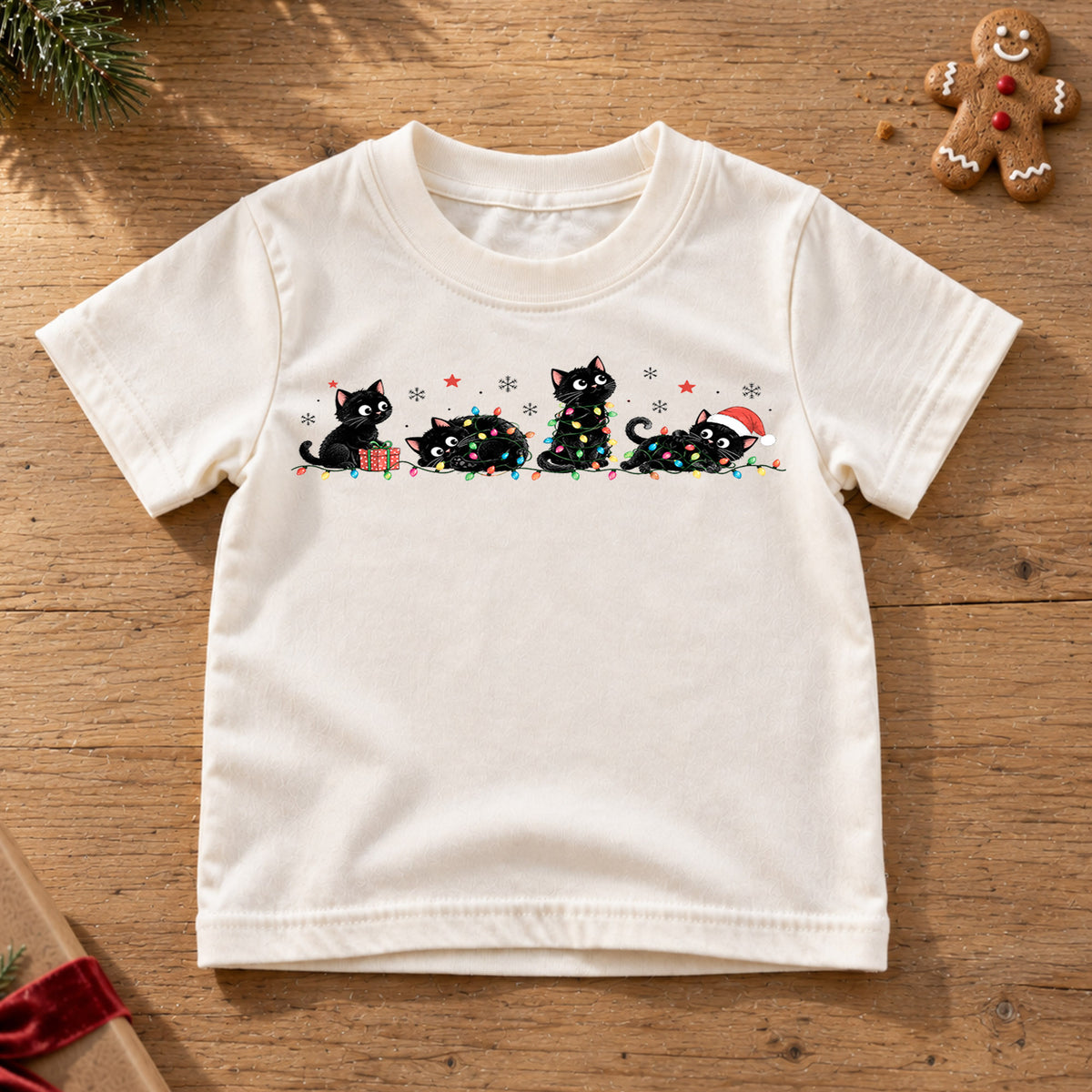 Black Cat Christmas Kids Shirt, Christmas Lights Cat Tee, Funny Holiday Kitty Shirt for Cat Lovers, Cute Festive Christmas Outfit and Gift — product view 6