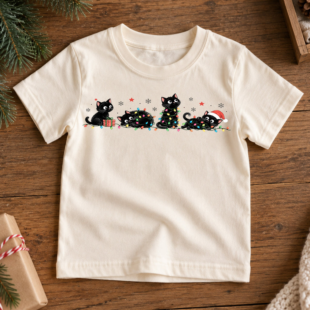 Black Cat Christmas Kids Shirt, Christmas Lights Cat Tee, Funny Holiday Kitty Shirt for Cat Lovers, Cute Festive Christmas Outfit and Gift — product view 7