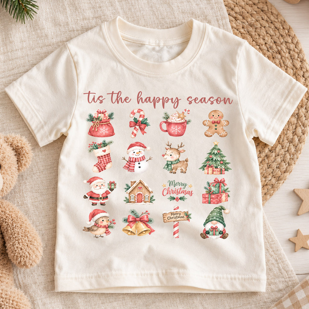 Tis the Happy Season Kids Christmas Shirt, Cute Holiday Icons Tee, Festive Christmas Outfit, Holiday Gift for Kids Festive Holiday Gift Idea — product view 1