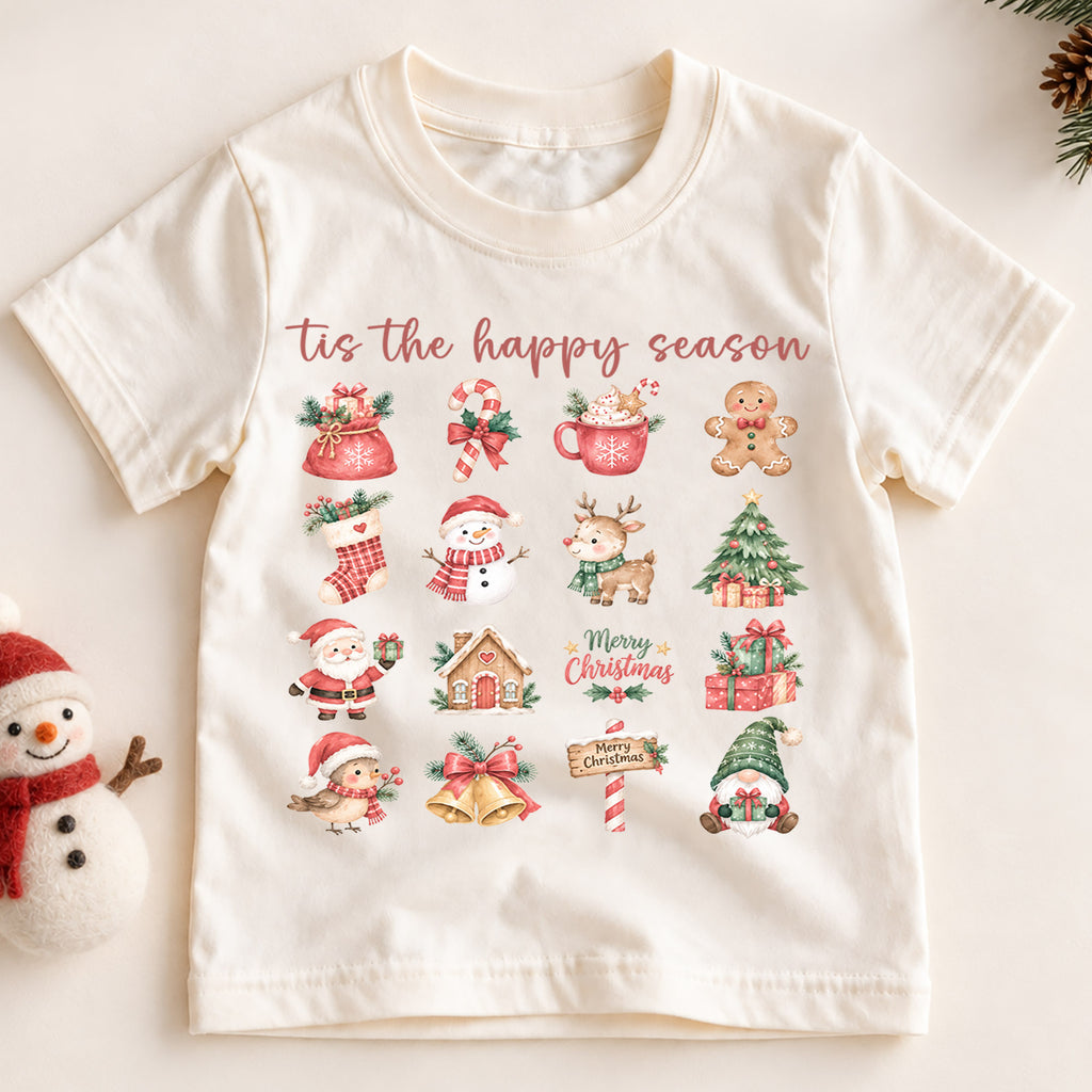 Tis the Happy Season Kids Christmas Shirt, Cute Holiday Icons Tee, Festive Christmas Outfit, Holiday Gift for Kids Festive Holiday Gift Idea — product view 2