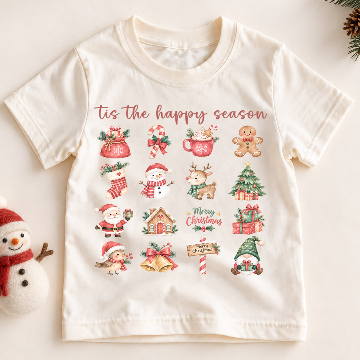 Tis the Happy Season Kids Christmas Shirt, Cute Holiday Icons Tee, Festive Christmas Outfit, Holiday Gift for Kids Festive Holiday Gift Idea — product view 2