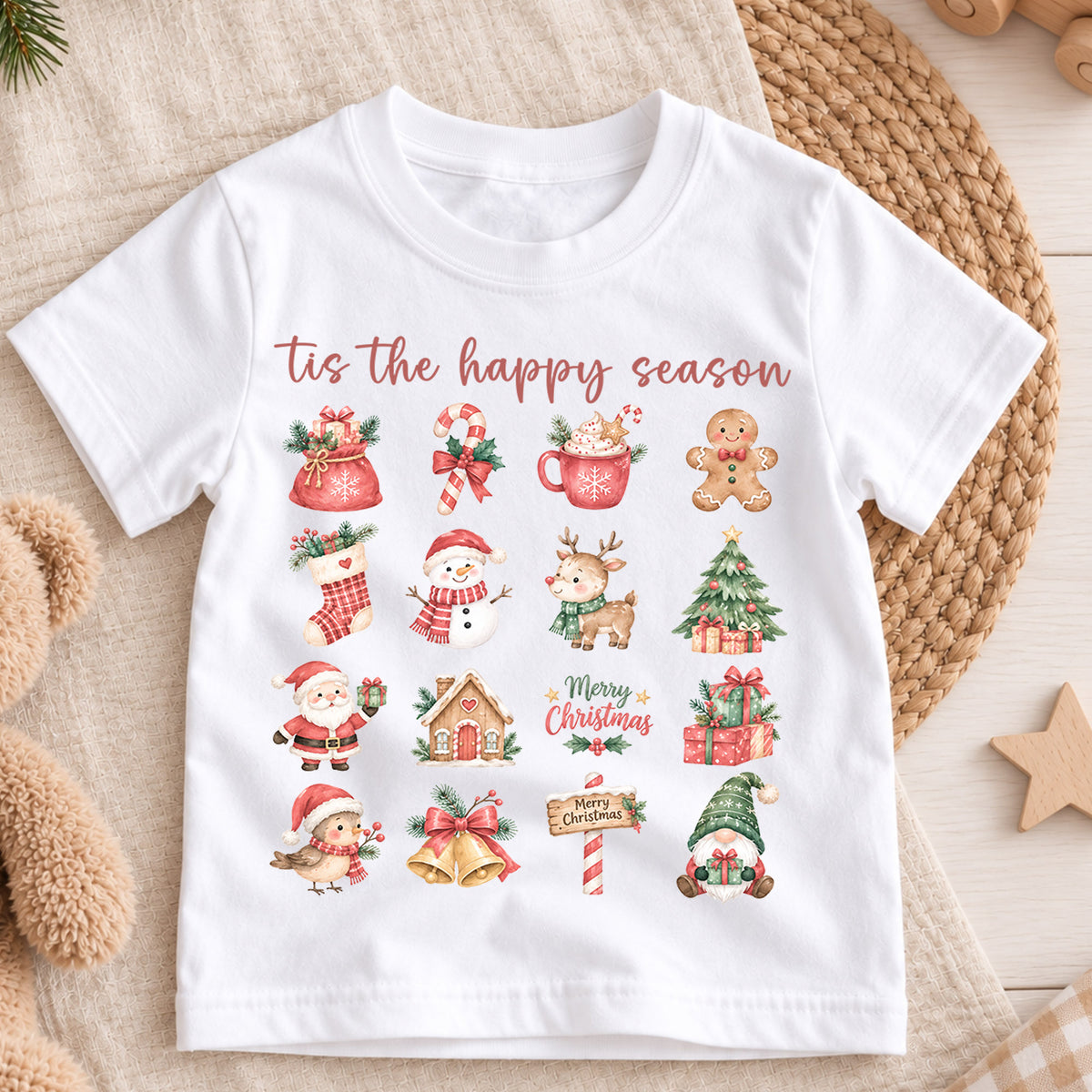 Tis the Happy Season Kids Christmas Shirt, Cute Holiday Icons Tee, Festive Christmas Outfit, Holiday Gift for Kids Festive Holiday Gift Idea — product view 3