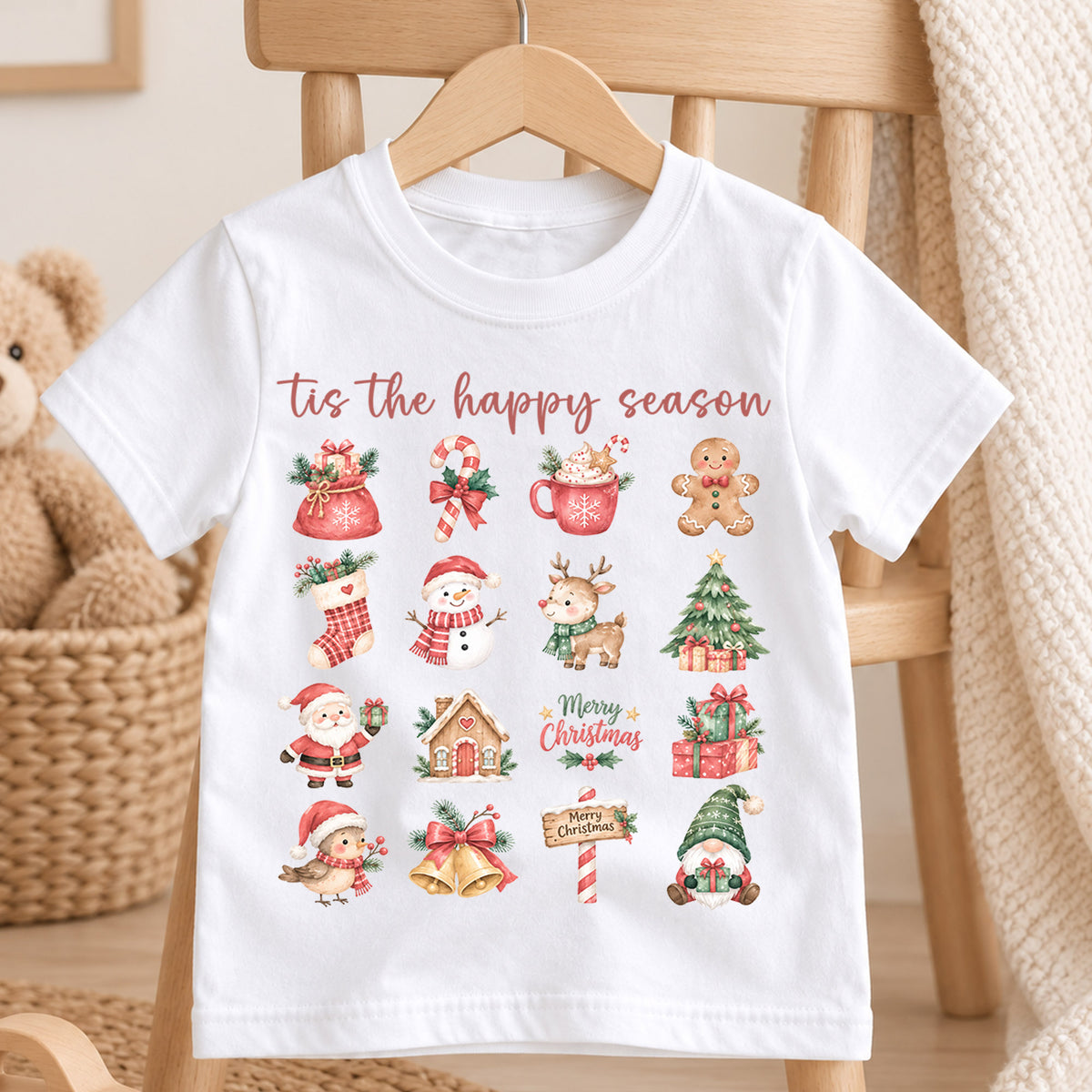 Tis the Happy Season Kids Christmas Shirt, Cute Holiday Icons Tee, Festive Christmas Outfit, Holiday Gift for Kids Festive Holiday Gift Idea — product view 4