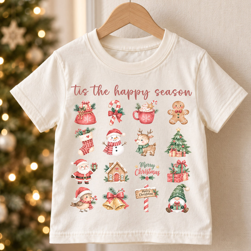 Tis the Happy Season Kids Christmas Shirt, Cute Holiday Icons Tee, Festive Christmas Outfit, Holiday Gift for Kids Festive Holiday Gift Idea — product view 5