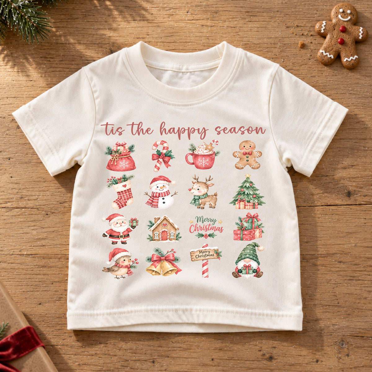 Tis the Happy Season Kids Christmas Shirt, Cute Holiday Icons Tee, Festive Christmas Outfit, Holiday Gift for Kids Festive Holiday Gift Idea — product view 6