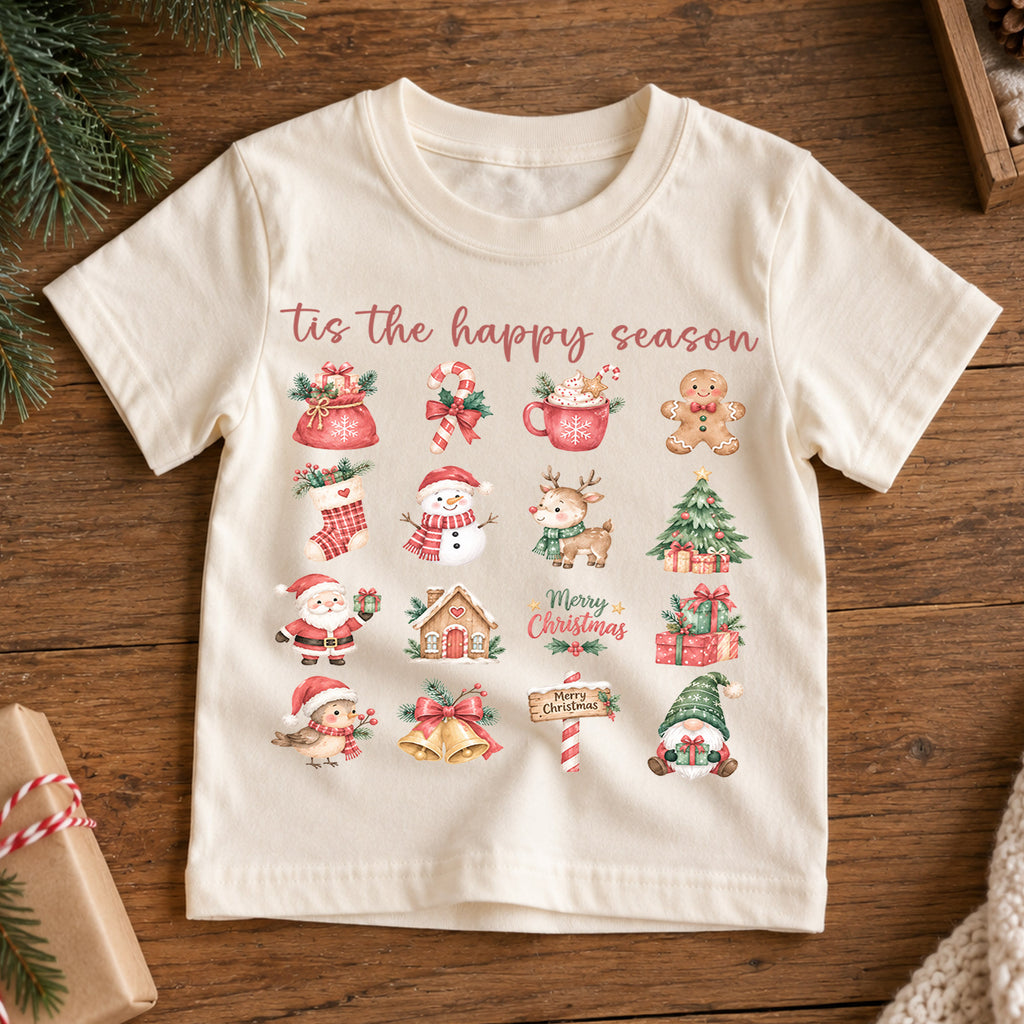 Tis the Happy Season Kids Christmas Shirt, Cute Holiday Icons Tee, Festive Christmas Outfit, Holiday Gift for Kids Festive Holiday Gift Idea — product view 7