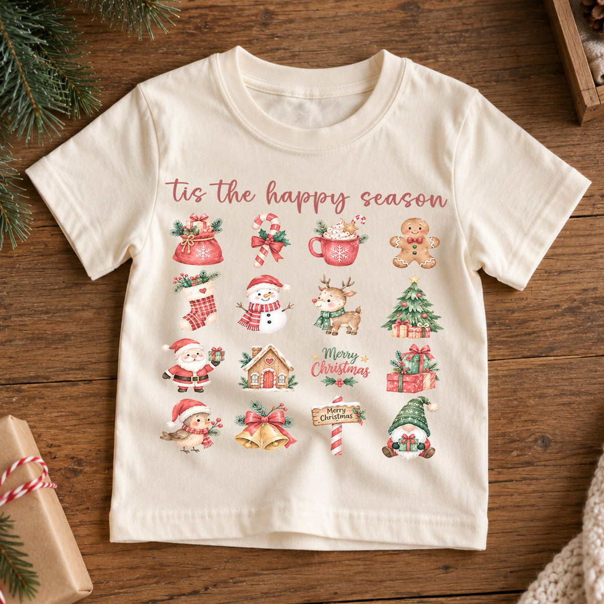 Tis the Happy Season Kids Christmas Shirt, Cute Holiday Icons Tee, Festive Christmas Outfit, Holiday Gift for Kids Festive Holiday Gift Idea — product view 7