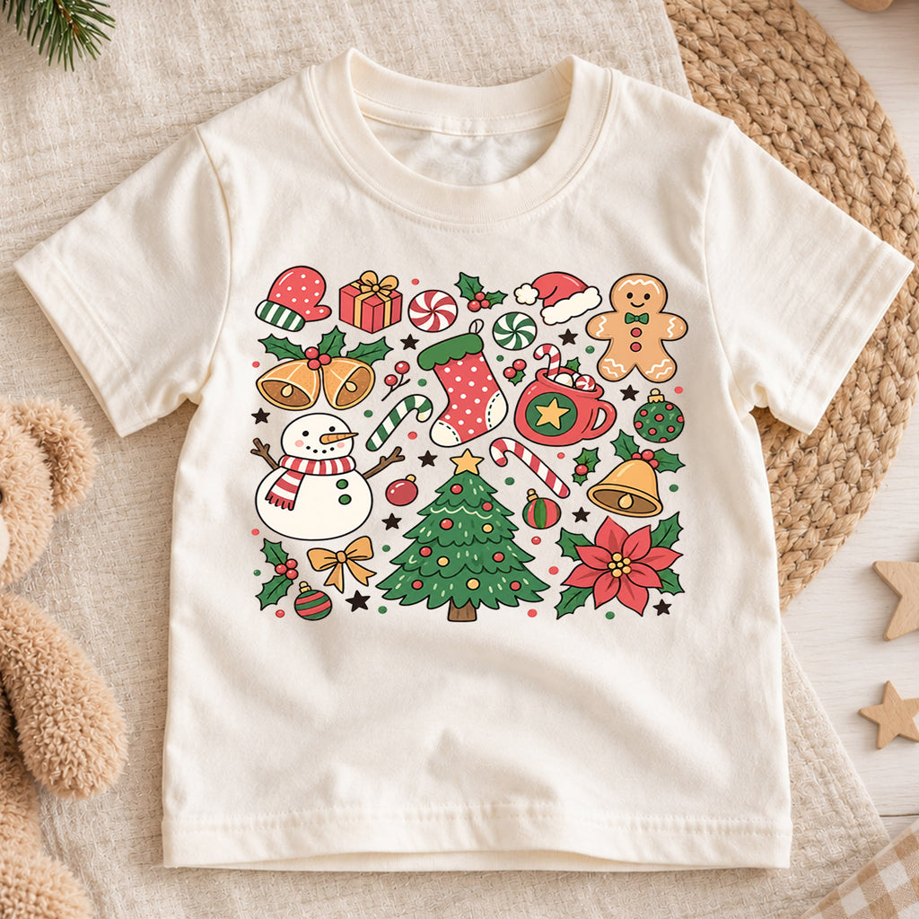 Christmas Icons Kids Shirt, Snowman Gingerbread Tree Tee, Cute Holiday Collage Christmas Shirt for Kids, Festive Xmas Outfit and Gift — product view 1