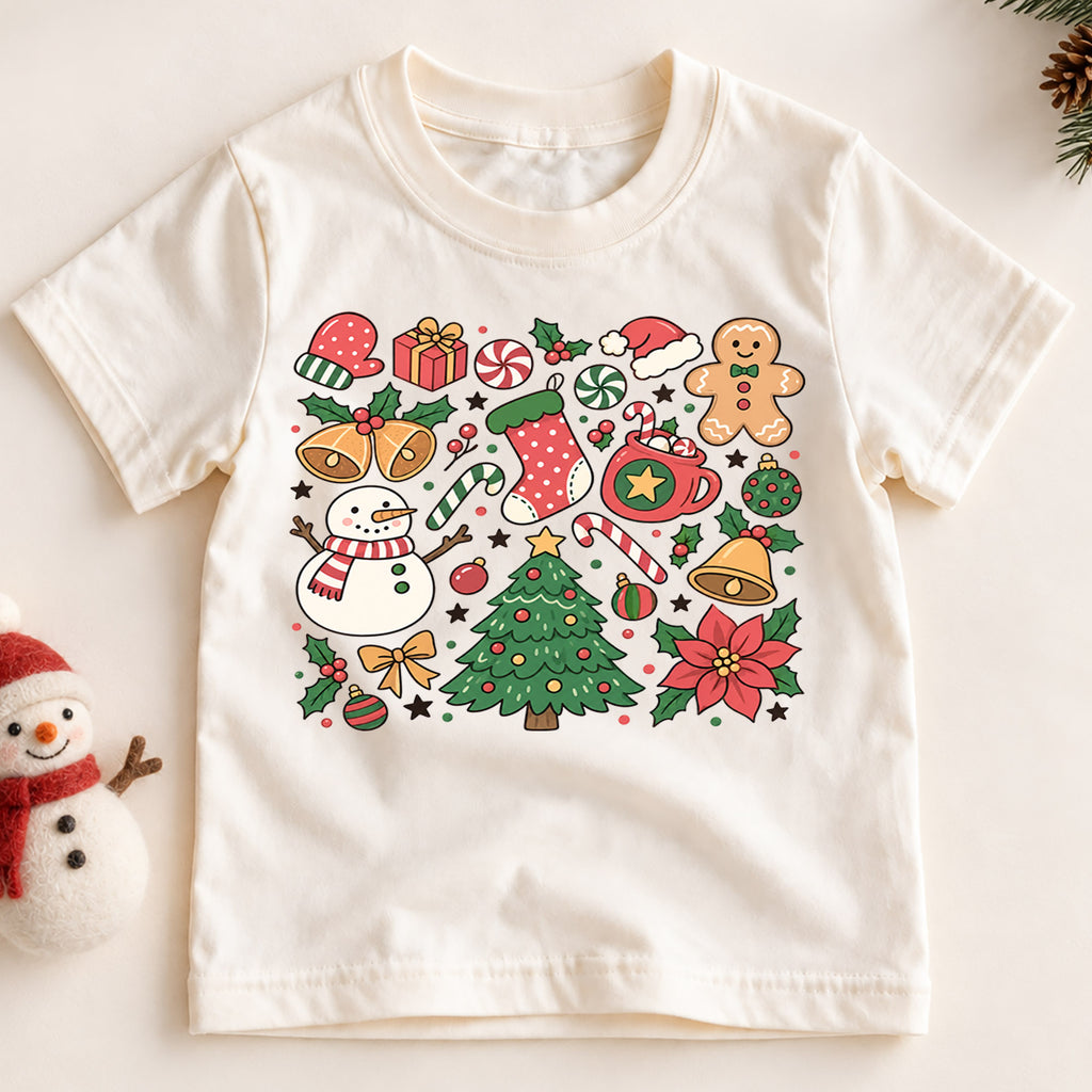 Christmas Icons Kids Shirt, Snowman Gingerbread Tree Tee, Cute Holiday Collage Christmas Shirt for Kids, Festive Xmas Outfit and Gift — product view 2