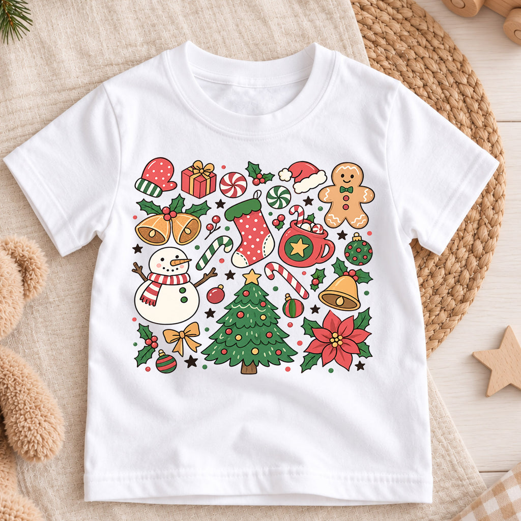 Christmas Icons Kids Shirt, Snowman Gingerbread Tree Tee, Cute Holiday Collage Christmas Shirt for Kids, Festive Xmas Outfit and Gift — product view 3