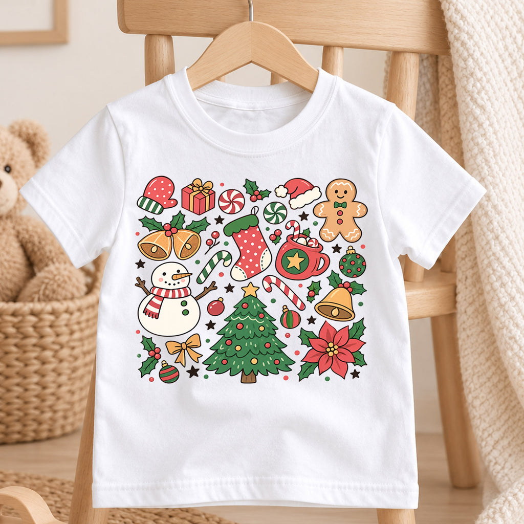 Christmas Icons Kids Shirt, Snowman Gingerbread Tree Tee, Cute Holiday Collage Christmas Shirt for Kids, Festive Xmas Outfit and Gift — product view 4