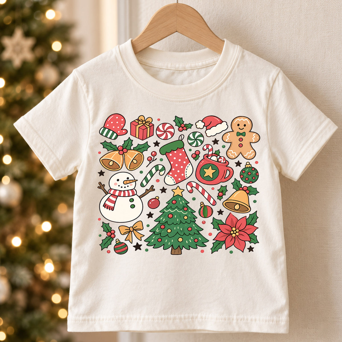 Christmas Icons Kids Shirt, Snowman Gingerbread Tree Tee, Cute Holiday Collage Christmas Shirt for Kids, Festive Xmas Outfit and Gift — product view 5
