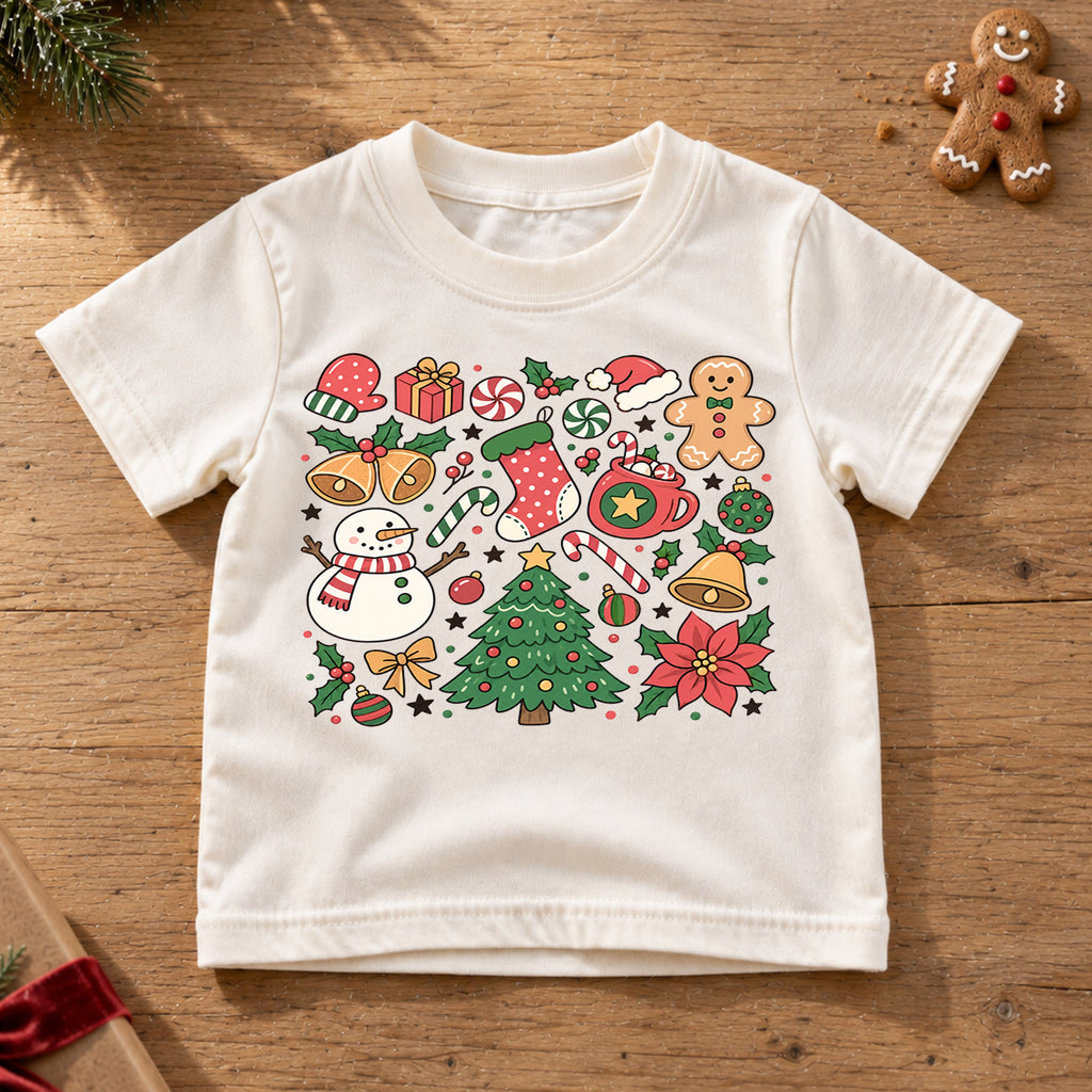 Christmas Icons Kids Shirt, Snowman Gingerbread Tree Tee, Cute Holiday Collage Christmas Shirt for Kids, Festive Xmas Outfit and Gift — product view 6