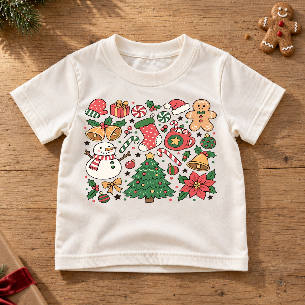 Christmas Icons Kids Shirt, Snowman Gingerbread Tree Tee, Cute Holiday Collage Christmas Shirt for Kids, Festive Xmas Outfit and Gift — product view 6