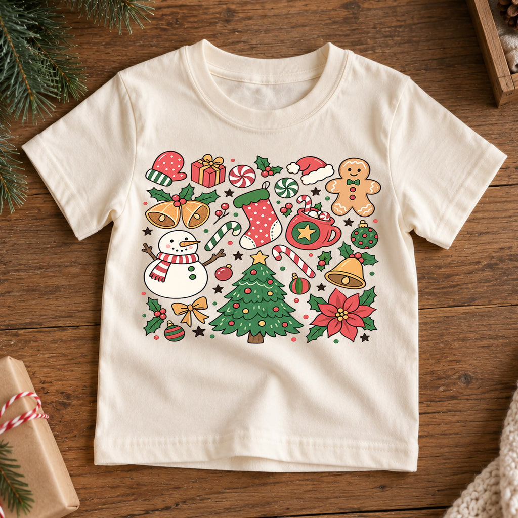 Christmas Icons Kids Shirt, Snowman Gingerbread Tree Tee, Cute Holiday Collage Christmas Shirt for Kids, Festive Xmas Outfit and Gift — product view 7