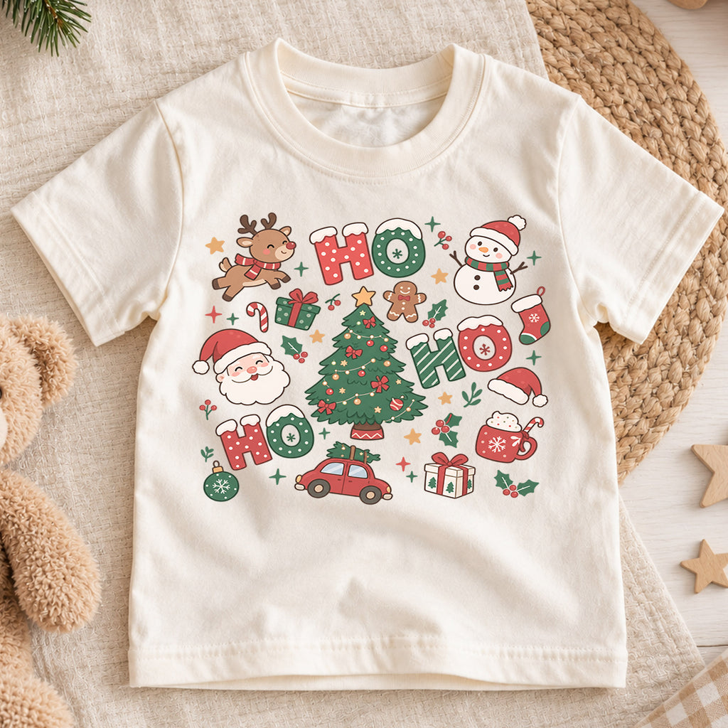 Ho Ho Ho Kids Christmas Shirt, Santa Reindeer Snowman Tree Tee, Cute Holiday Collage Shirt for Kids, Festive Christmas Outfit and Gift — product view 1