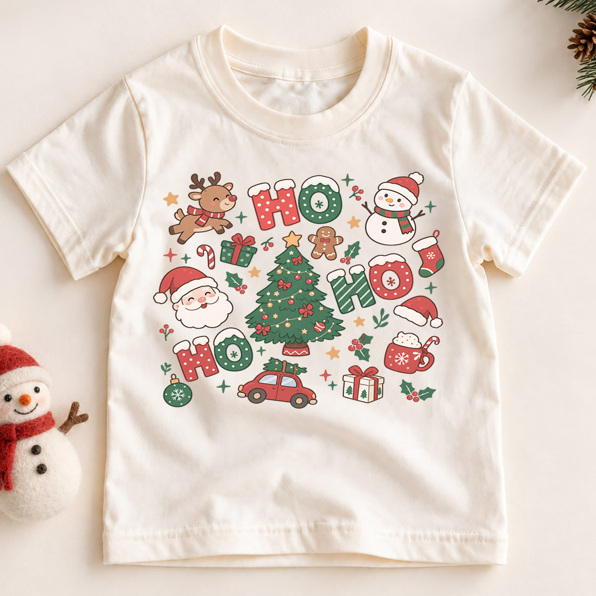 Ho Ho Ho Kids Christmas Shirt, Santa Reindeer Snowman Tree Tee, Cute Holiday Collage Shirt for Kids, Festive Christmas Outfit and Gift — product view 2