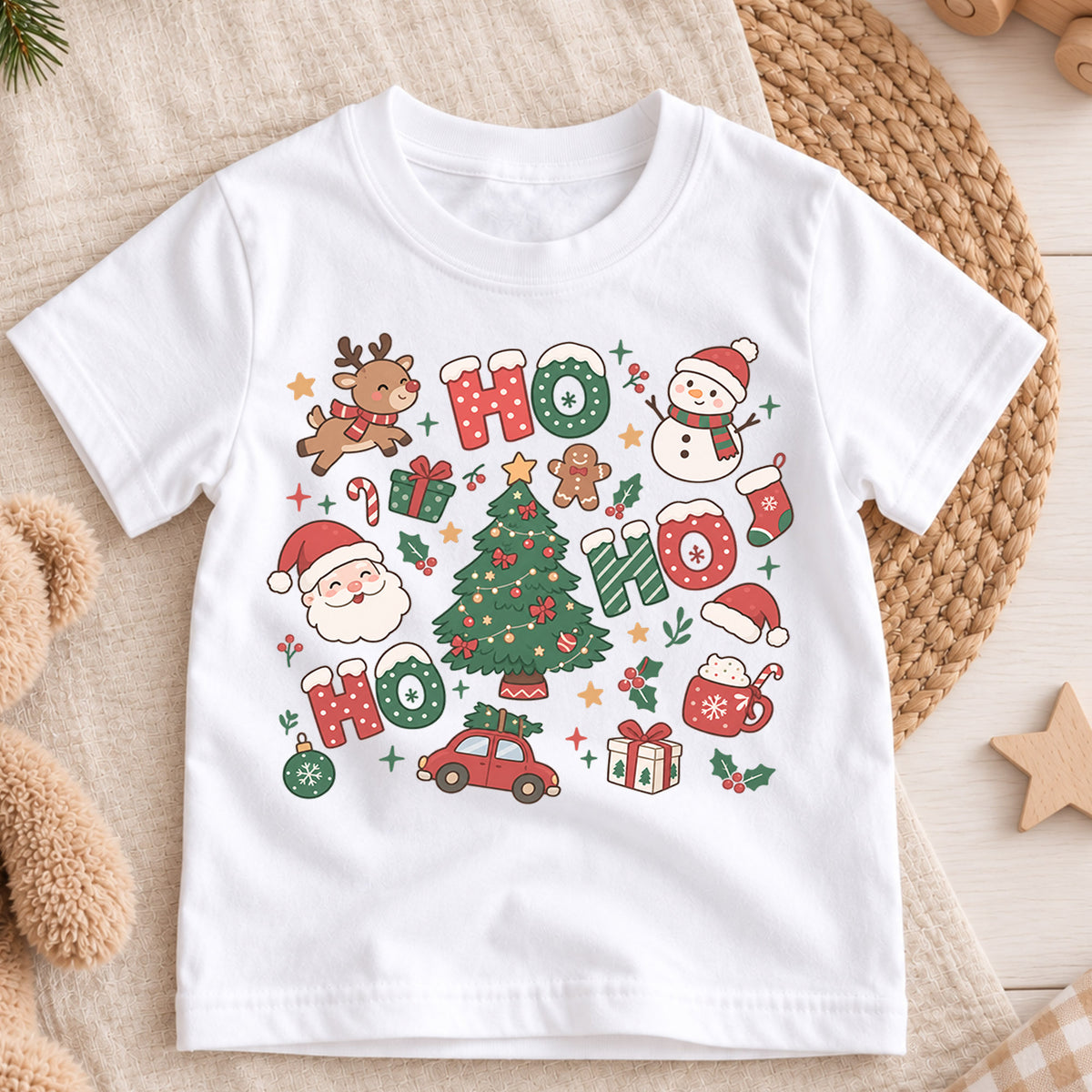 Ho Ho Ho Kids Christmas Shirt, Santa Reindeer Snowman Tree Tee, Cute Holiday Collage Shirt for Kids, Festive Christmas Outfit and Gift — product view 3