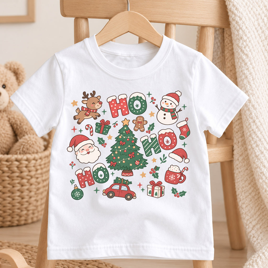 Ho Ho Ho Kids Christmas Shirt, Santa Reindeer Snowman Tree Tee, Cute Holiday Collage Shirt for Kids, Festive Christmas Outfit and Gift — product view 4