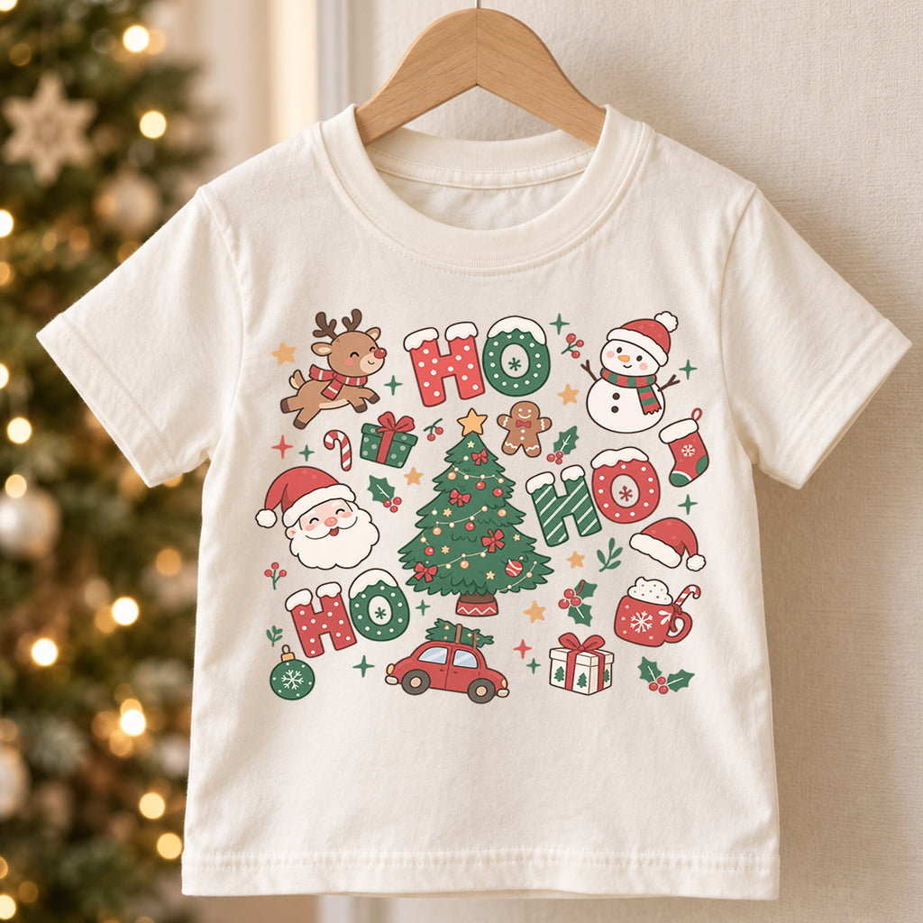 Ho Ho Ho Kids Christmas Shirt, Santa Reindeer Snowman Tree Tee, Cute Holiday Collage Shirt for Kids, Festive Christmas Outfit and Gift — product view 5