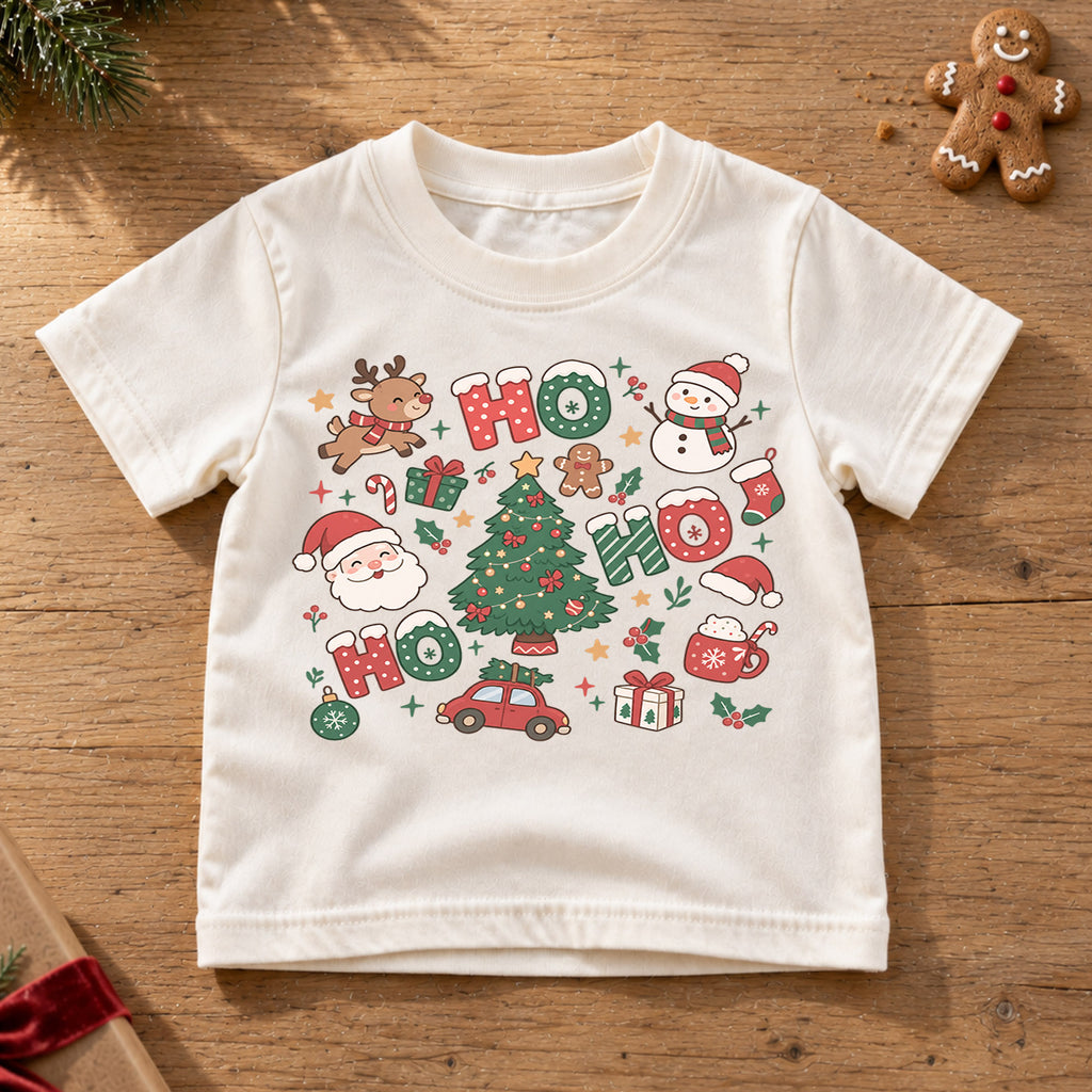Ho Ho Ho Kids Christmas Shirt, Santa Reindeer Snowman Tree Tee, Cute Holiday Collage Shirt for Kids, Festive Christmas Outfit and Gift — product view 6