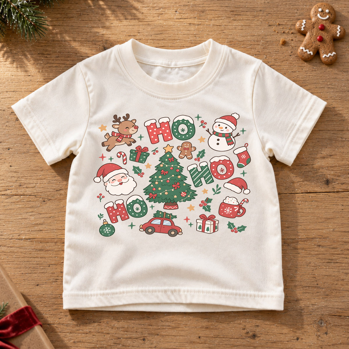 Ho Ho Ho Kids Christmas Shirt, Santa Reindeer Snowman Tree Tee, Cute Holiday Collage Shirt for Kids, Festive Christmas Outfit and Gift — product view 6