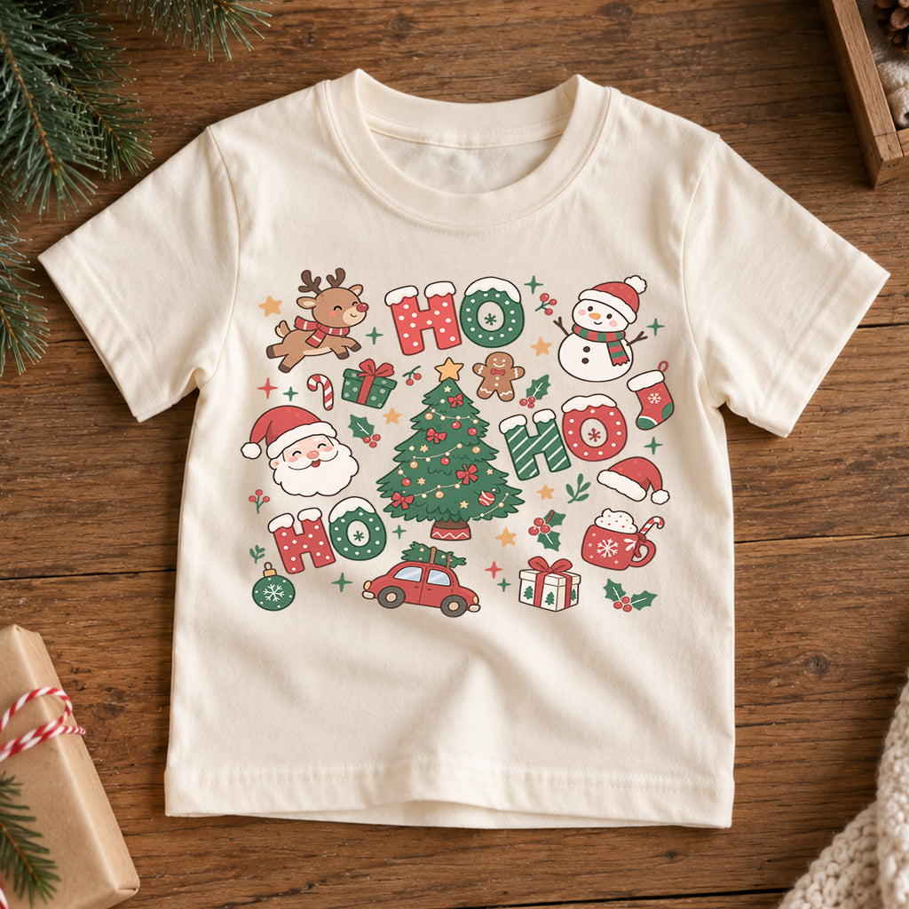 Ho Ho Ho Kids Christmas Shirt, Santa Reindeer Snowman Tree Tee, Cute Holiday Collage Shirt for Kids, Festive Christmas Outfit and Gift — product view 7