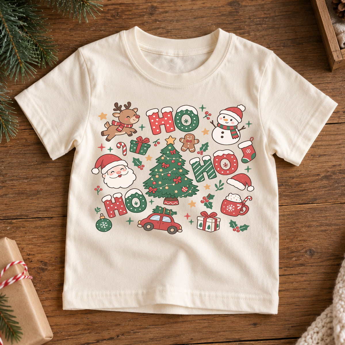 Ho Ho Ho Kids Christmas Shirt, Santa Reindeer Snowman Tree Tee, Cute Holiday Collage Shirt for Kids, Festive Christmas Outfit and Gift — product view 7