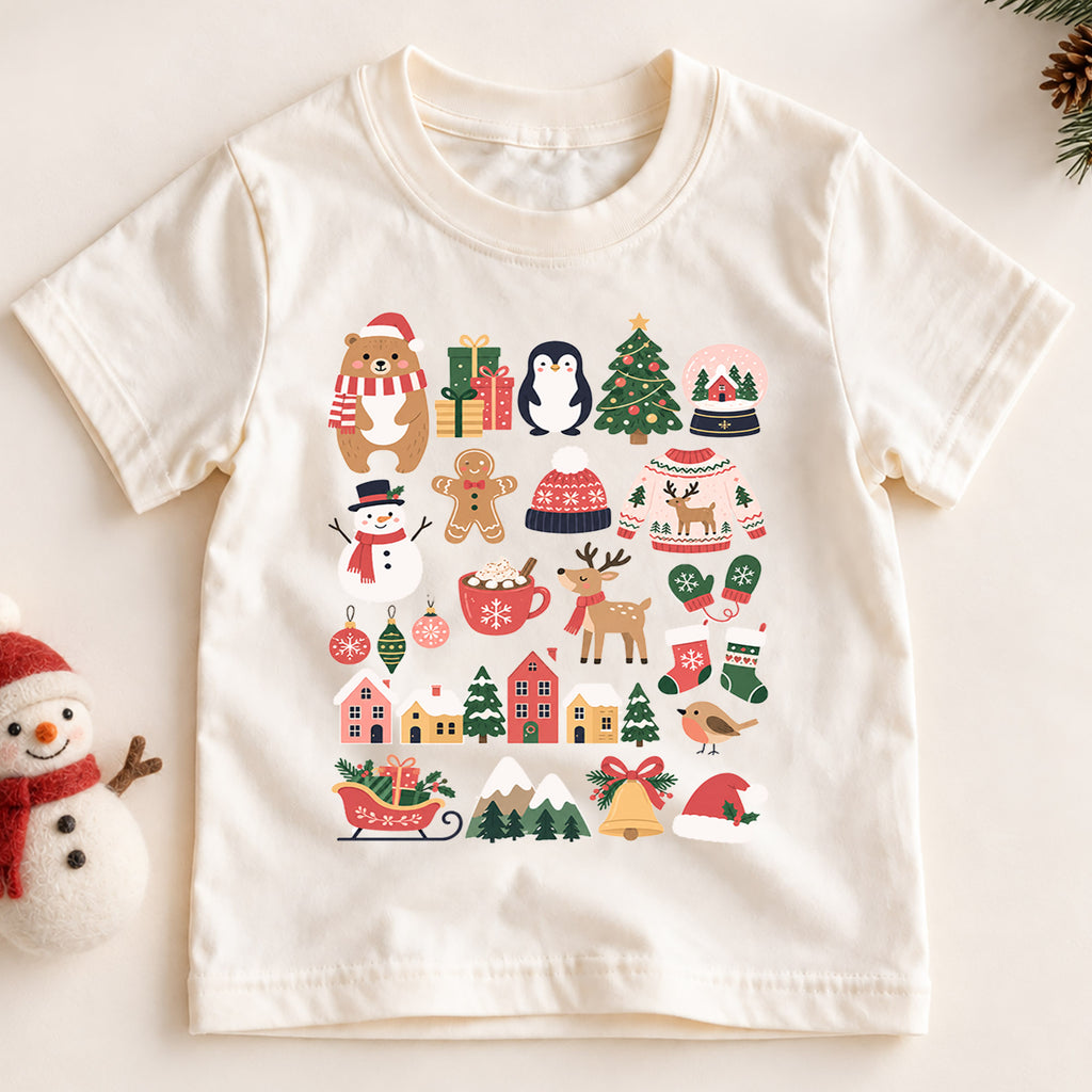 Ho Ho Ho Christmas Kids Shirt, Cute Santa Tree Reindeer Tee, Holiday Character Collage Shirt for Kids, Fun Festive Christmas Outfit — product view 2