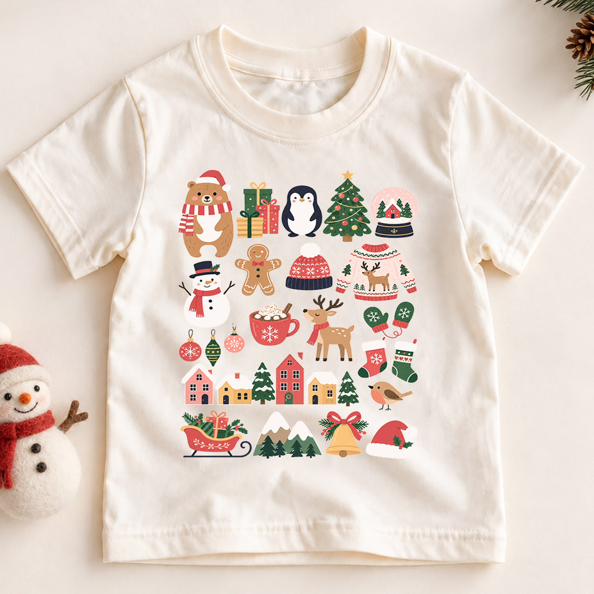 Ho Ho Ho Christmas Kids Shirt, Cute Santa Tree Reindeer Tee, Holiday Character Collage Shirt for Kids, Fun Festive Christmas Outfit — product view 2