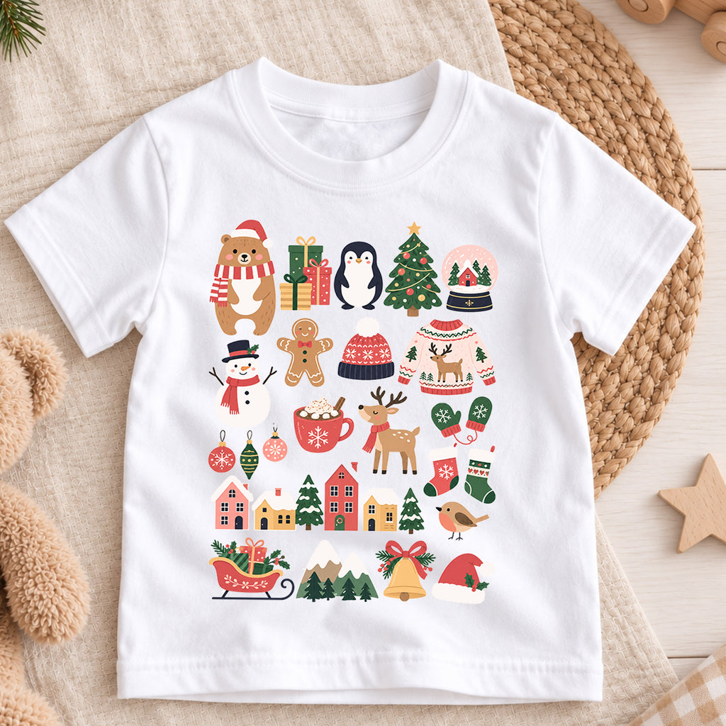 Ho Ho Ho Christmas Kids Shirt, Cute Santa Tree Reindeer Tee, Holiday Character Collage Shirt for Kids, Fun Festive Christmas Outfit — product view 3