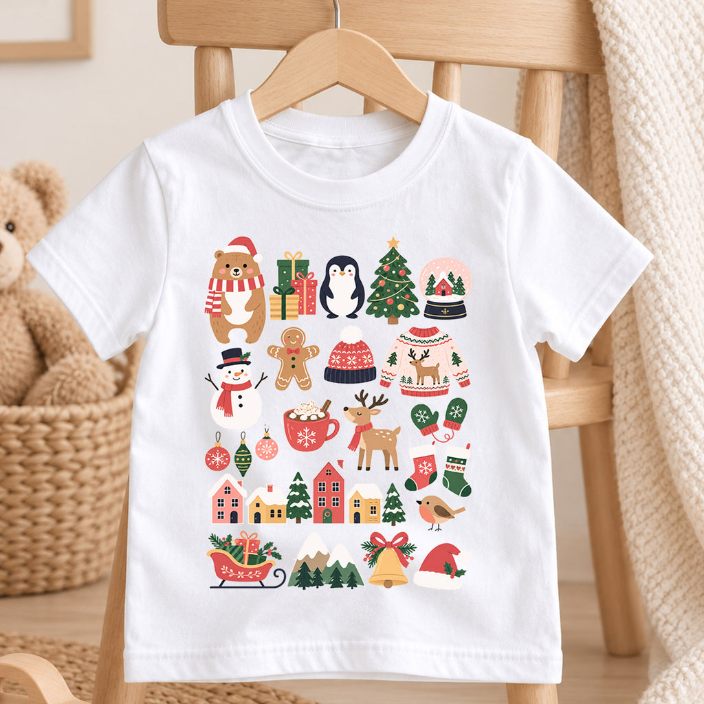 Ho Ho Ho Christmas Kids Shirt, Cute Santa Tree Reindeer Tee, Holiday Character Collage Shirt for Kids, Fun Festive Christmas Outfit — product view 4