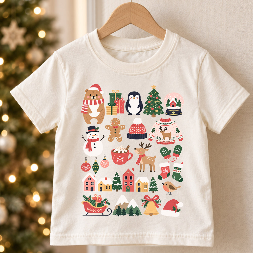 Ho Ho Ho Christmas Kids Shirt, Cute Santa Tree Reindeer Tee, Holiday Character Collage Shirt for Kids, Fun Festive Christmas Outfit — product view 5