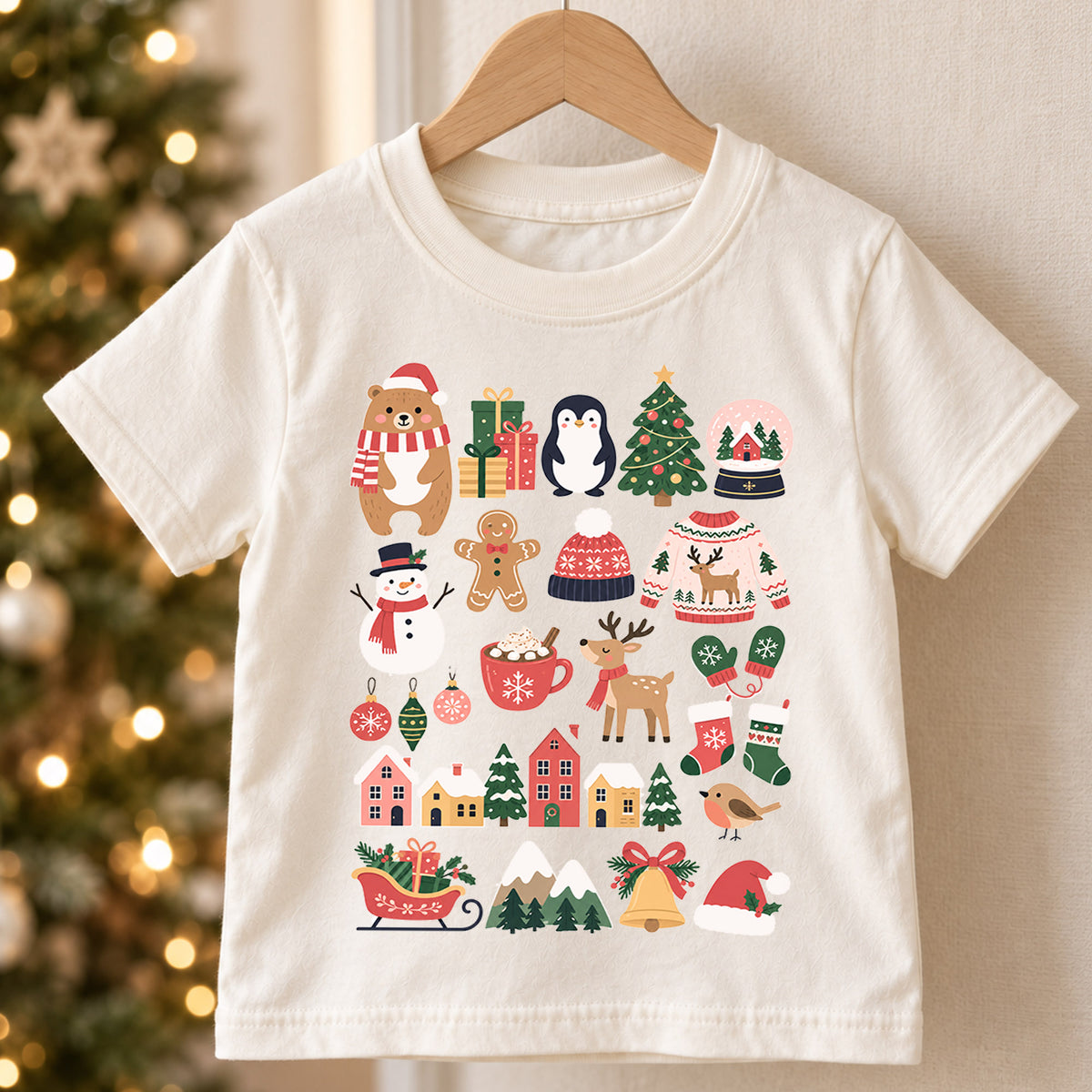 Ho Ho Ho Christmas Kids Shirt, Cute Santa Tree Reindeer Tee, Holiday Character Collage Shirt for Kids, Fun Festive Christmas Outfit — product view 5