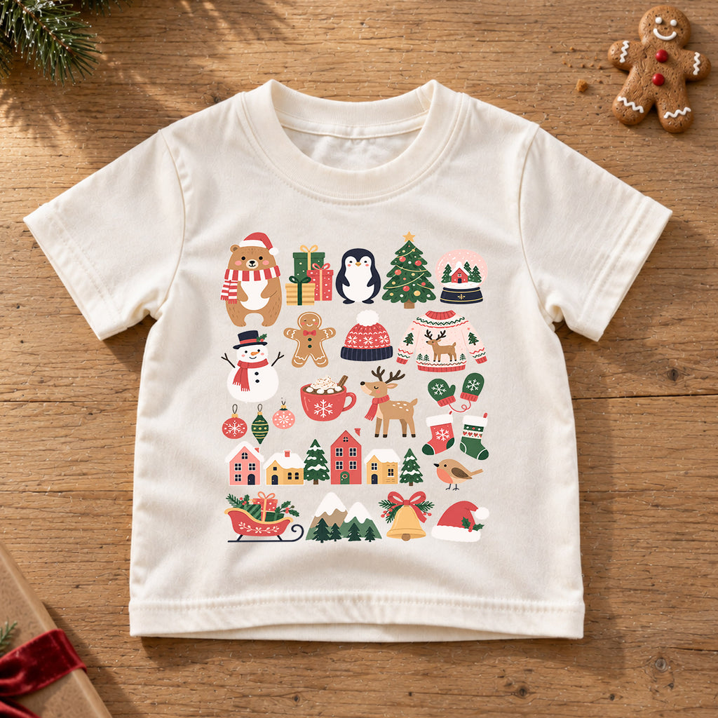 Ho Ho Ho Christmas Kids Shirt, Cute Santa Tree Reindeer Tee, Holiday Character Collage Shirt for Kids, Fun Festive Christmas Outfit — product view 6