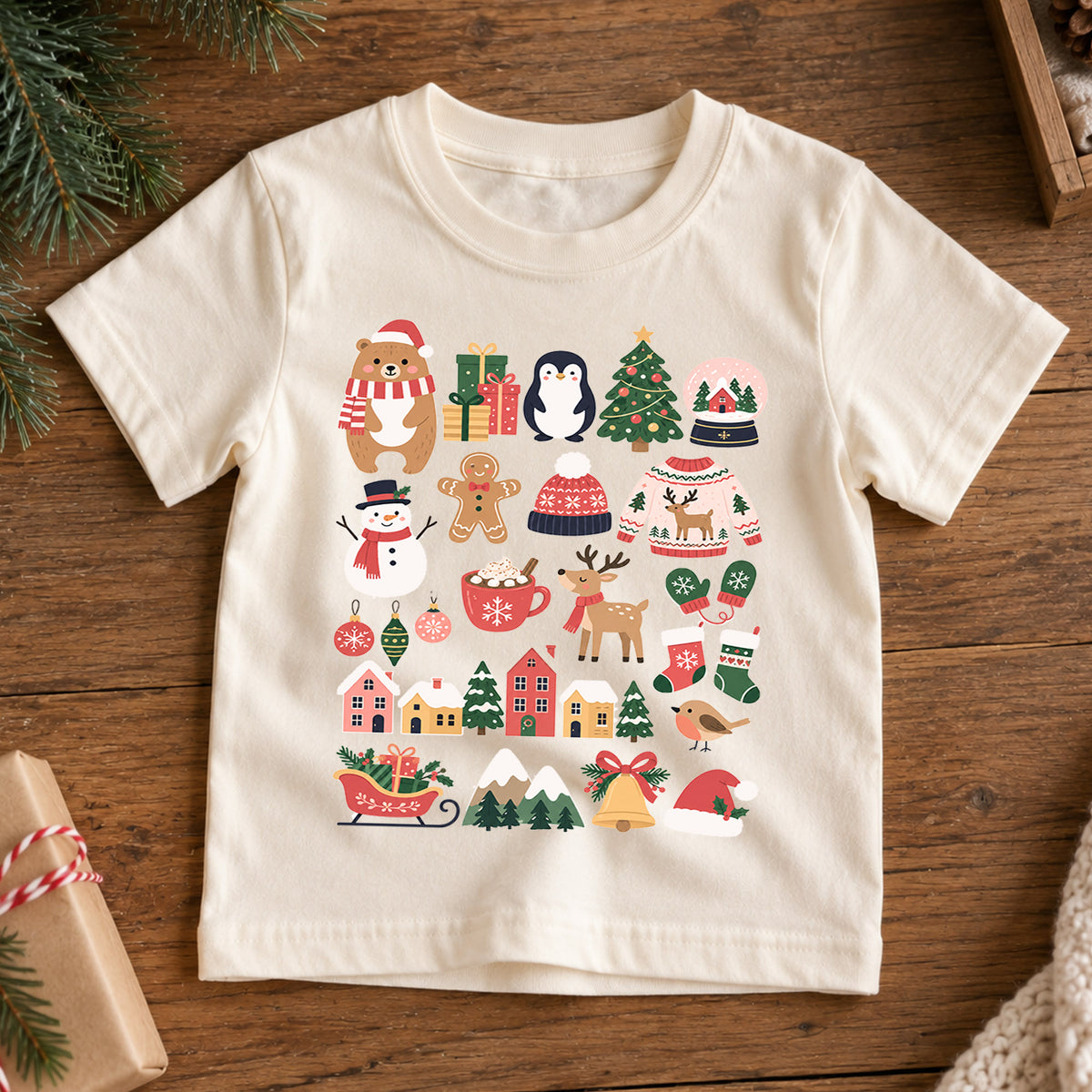 Ho Ho Ho Christmas Kids Shirt, Cute Santa Tree Reindeer Tee, Holiday Character Collage Shirt for Kids, Fun Festive Christmas Outfit — product view 7