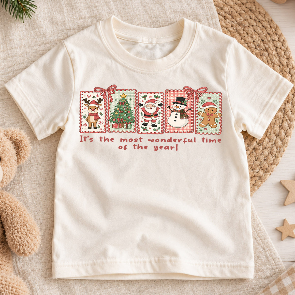 Most Wonderful Time Kids Christmas Shirt, Santa Snowman Gingerbread Tee, Cute Retro Holiday Shirt for Kids, Festive Christmas Gift — product view 1