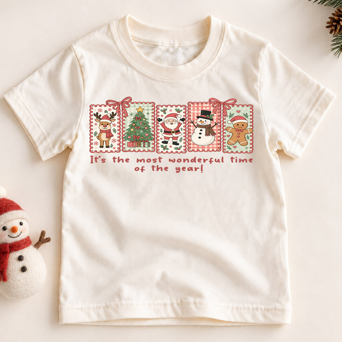 Most Wonderful Time Kids Christmas Shirt, Santa Snowman Gingerbread Tee, Cute Retro Holiday Shirt for Kids, Festive Christmas Gift — product view 2