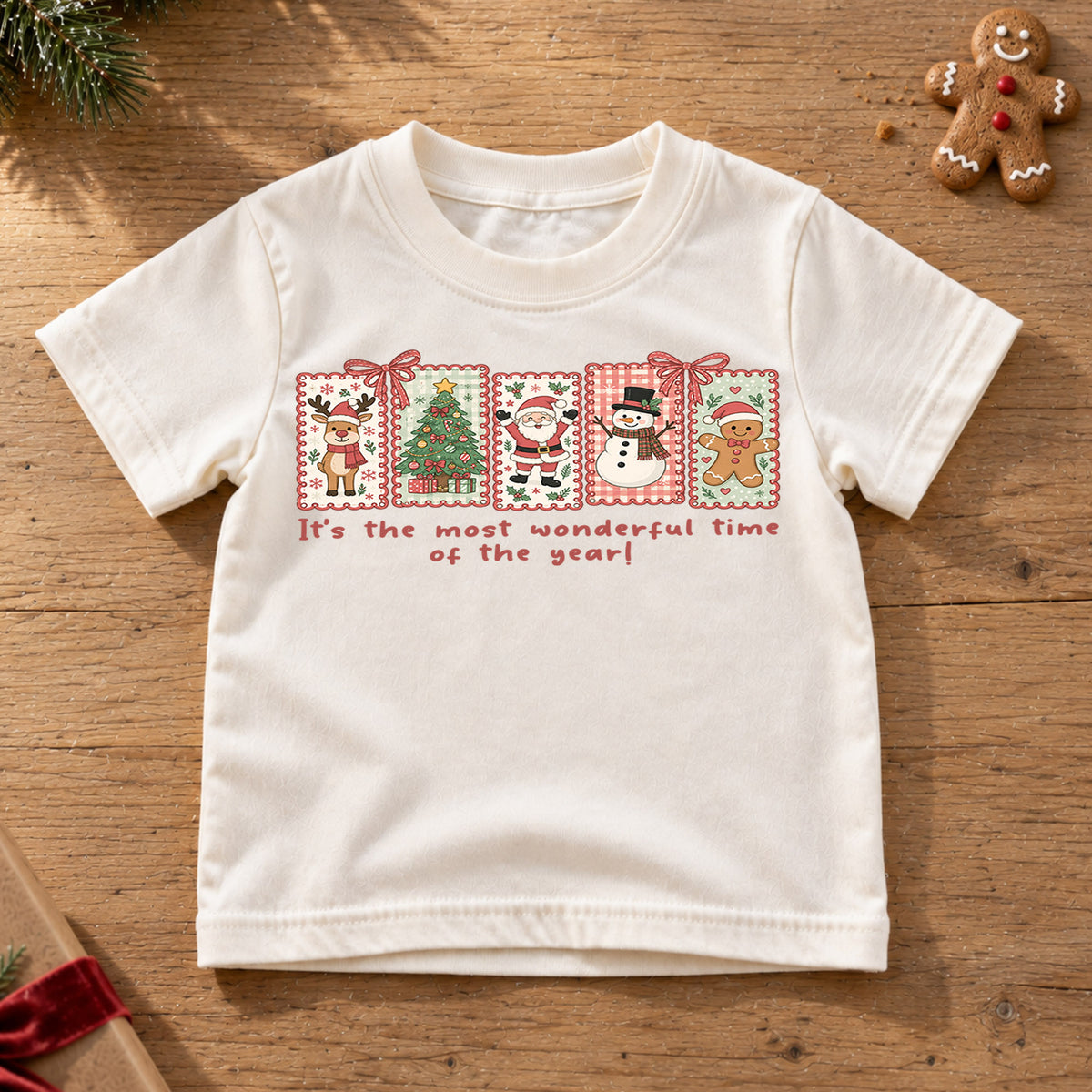 Most Wonderful Time Kids Christmas Shirt, Santa Snowman Gingerbread Tee, Cute Retro Holiday Shirt for Kids, Festive Christmas Gift — product view 6
