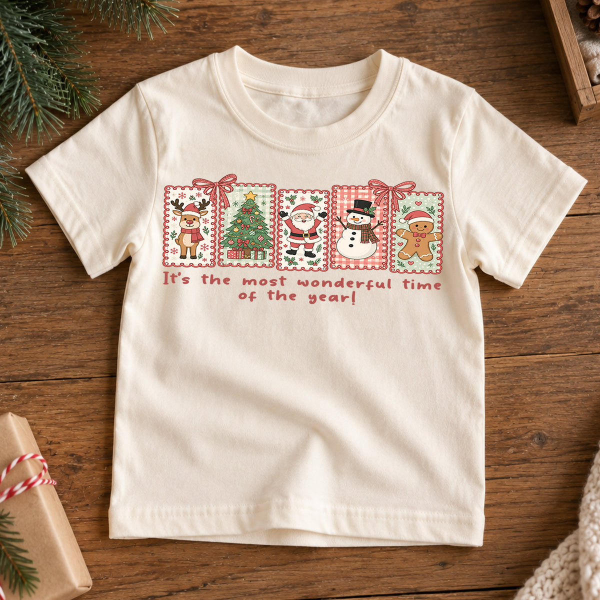 Most Wonderful Time Kids Christmas Shirt, Santa Snowman Gingerbread Tee, Cute Retro Holiday Shirt for Kids, Festive Christmas Gift — product view 7