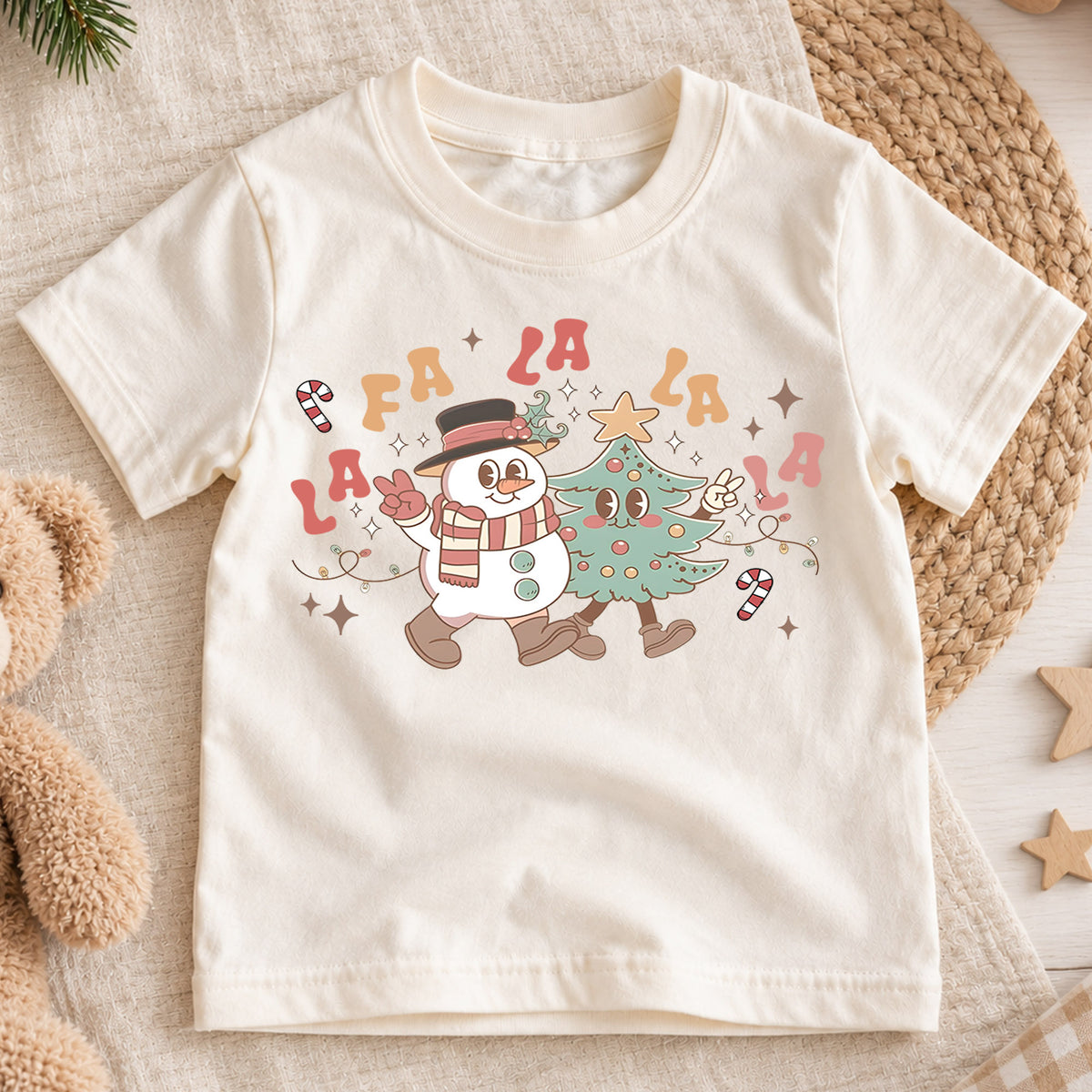 Fa La La Kids Christmas Shirt, Retro Snowman Christmas Tree Tee, Cute Holiday Music Shirt for Kids, Fun Festive Christmas Outfit and Gift — product view 1