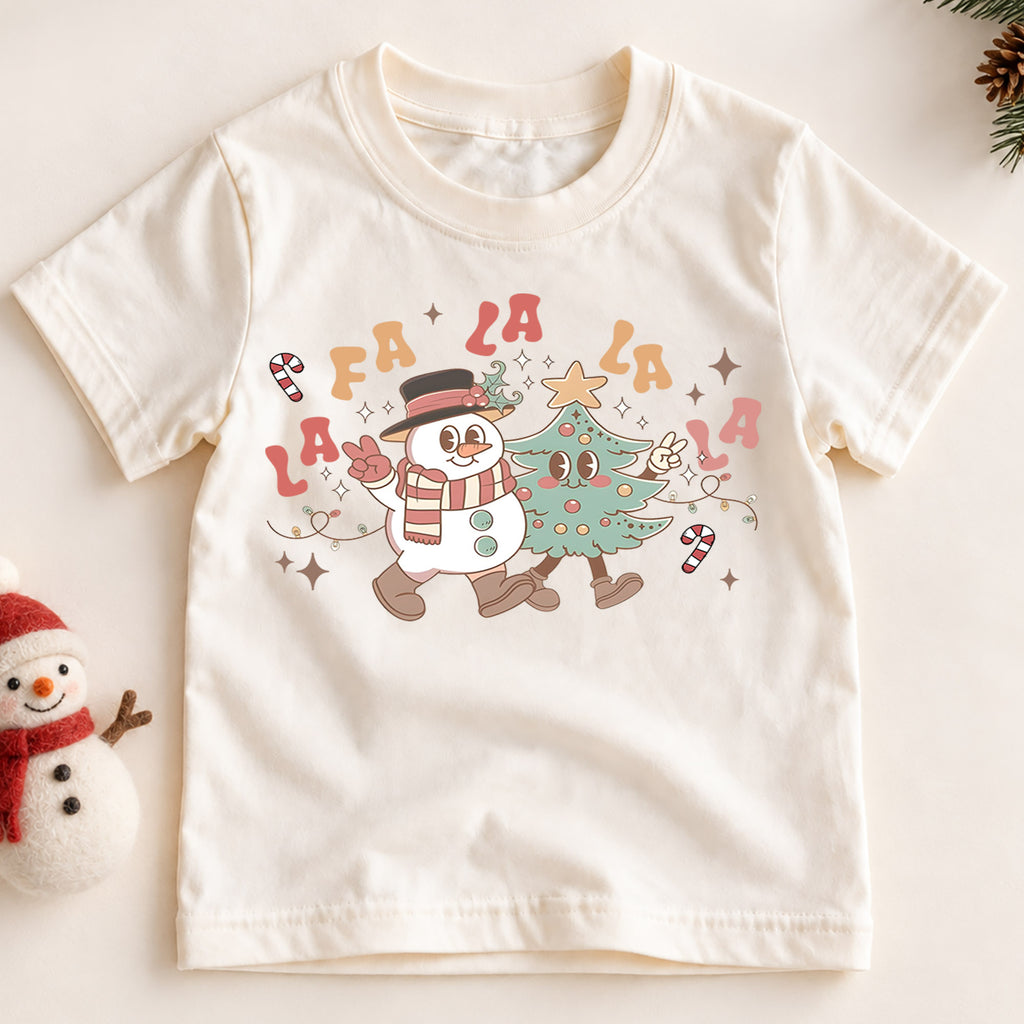 Fa La La Kids Christmas Shirt, Retro Snowman Christmas Tree Tee, Cute Holiday Music Shirt for Kids, Fun Festive Christmas Outfit and Gift — product view 2