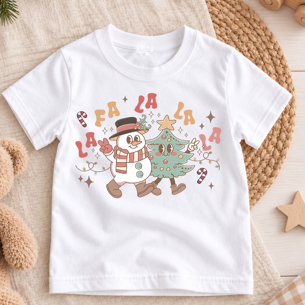 Fa La La Kids Christmas Shirt, Retro Snowman Christmas Tree Tee, Cute Holiday Music Shirt for Kids, Fun Festive Christmas Outfit and Gift — product view 3