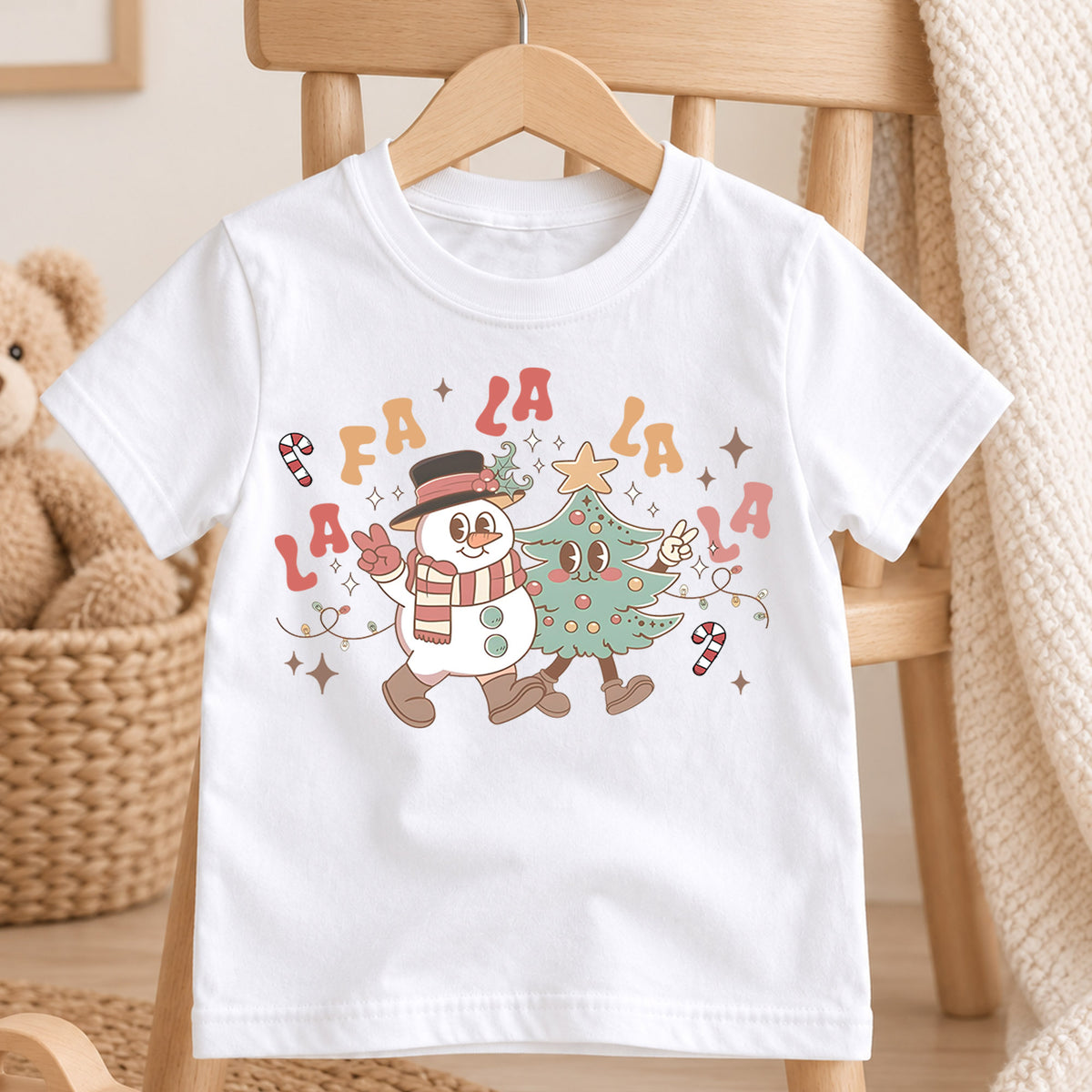 Fa La La Kids Christmas Shirt, Retro Snowman Christmas Tree Tee, Cute Holiday Music Shirt for Kids, Fun Festive Christmas Outfit and Gift — product view 4