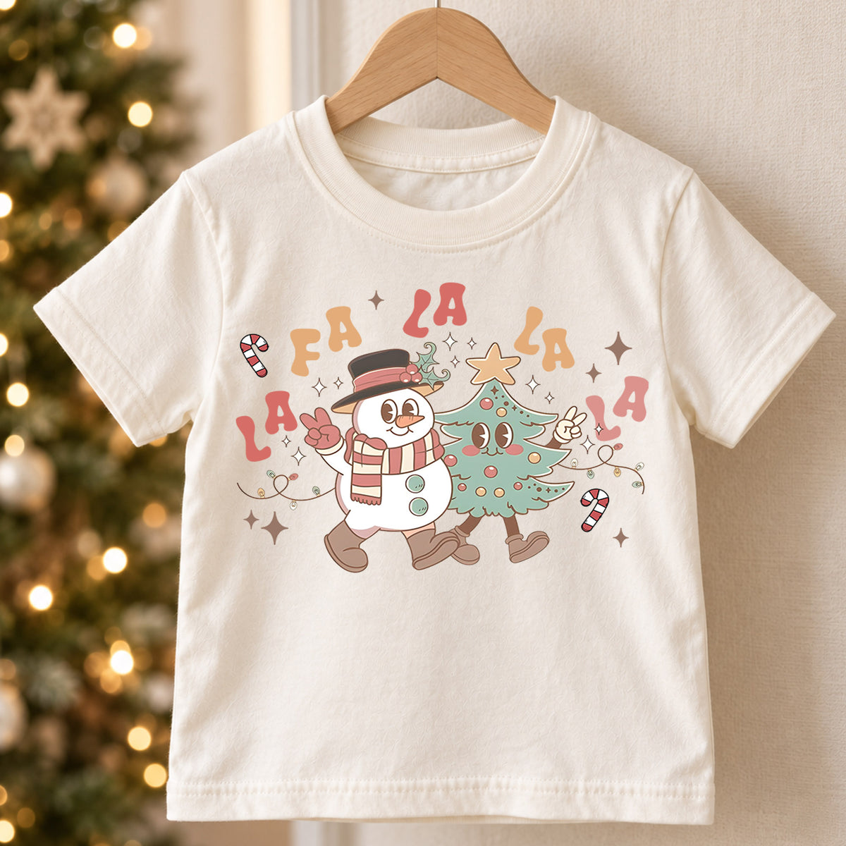 Fa La La Kids Christmas Shirt, Retro Snowman Christmas Tree Tee, Cute Holiday Music Shirt for Kids, Fun Festive Christmas Outfit and Gift — product view 5