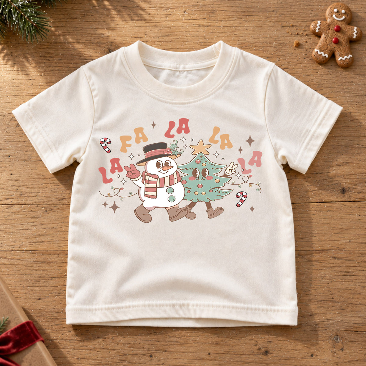 Fa La La Kids Christmas Shirt, Retro Snowman Christmas Tree Tee, Cute Holiday Music Shirt for Kids, Fun Festive Christmas Outfit and Gift — product view 6
