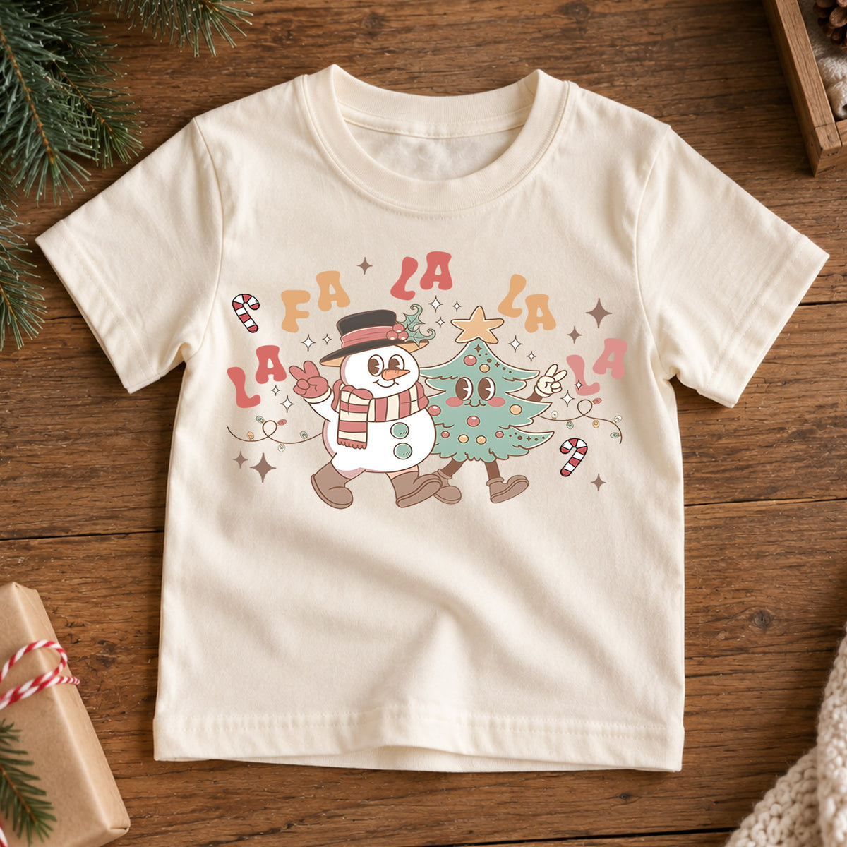 Fa La La Kids Christmas Shirt, Retro Snowman Christmas Tree Tee, Cute Holiday Music Shirt for Kids, Fun Festive Christmas Outfit and Gift — product view 7