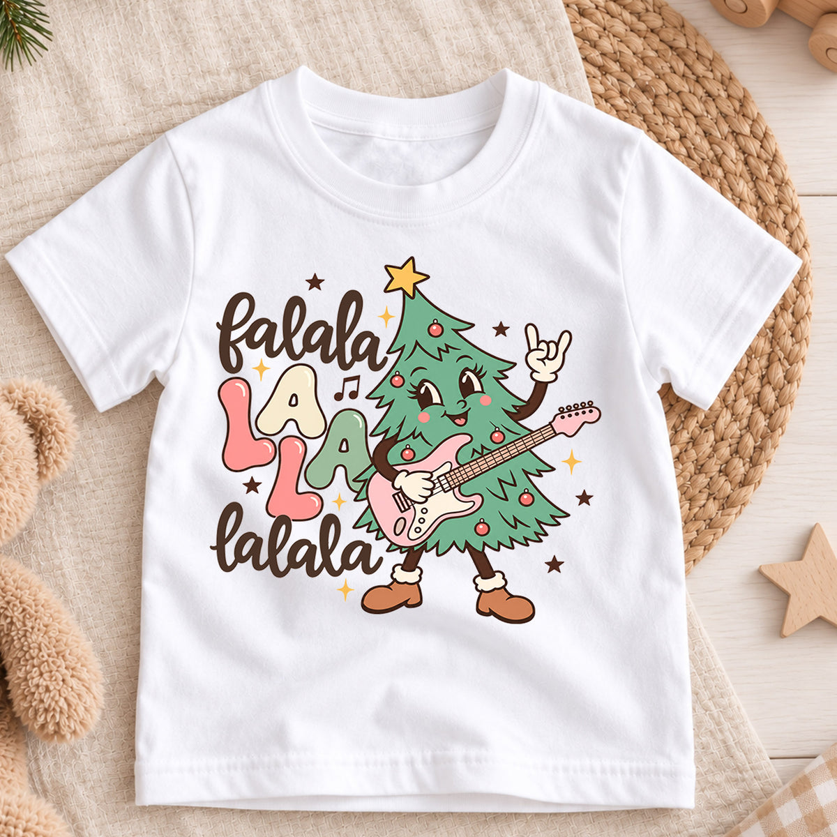 Fa La La Guitar Christmas Kids Shirt, Rocking Christmas Tree Tee, Music Lover Holiday Shirt for Kids, Funny Festive Christmas Gift — product view 3